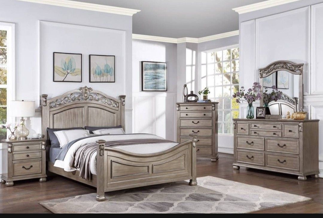 Brand New Upscale Champagne Queen Size 6pc Bedroom Set