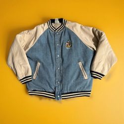 Vtg Disneyland Resorts Varsity Boomer Embroidered Jacket Size L Denim Quilted