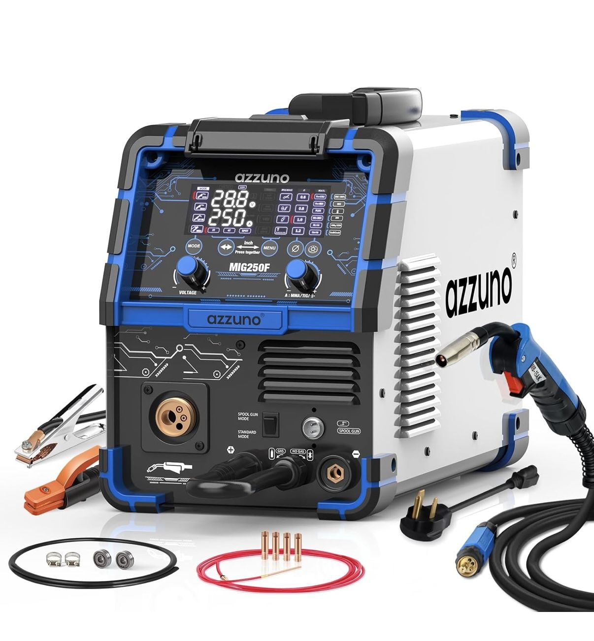 AZZUNO Aluminum 250Amp MIG Welder,6 in 1 Gas MIG/Gasless Flux Core/Stick/Lift TIG/Spot Welding