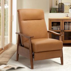 Mid Century Leather Push Back Recliner Armchair with Retractable Footrest, Brown