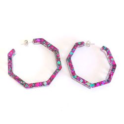 Purple teal holographic sparkly glitter hoops earrings handmade lightweight resin new 