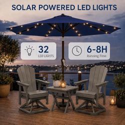 10FT Solar Patio Umbrella with Lights, Push Button Tilt and Crank, Navy Blue