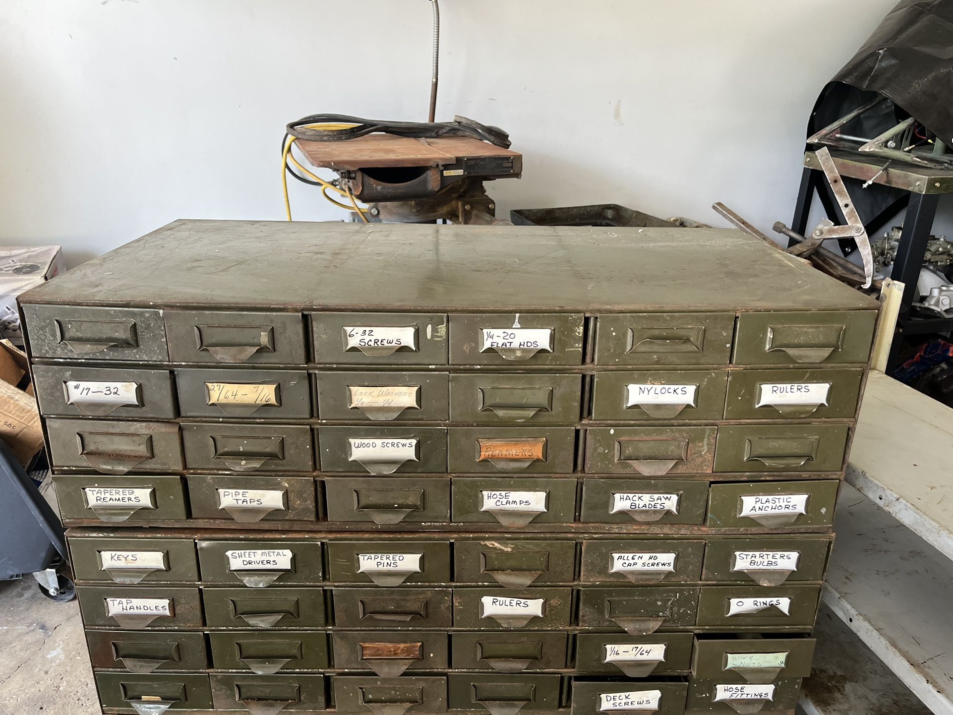 Vintage American Industrial Olive Green Enameled Pressed And Folded Sheet Steel Multi-Drawer