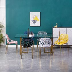 Big Glass Dining Table Birch Chairs Set for 6