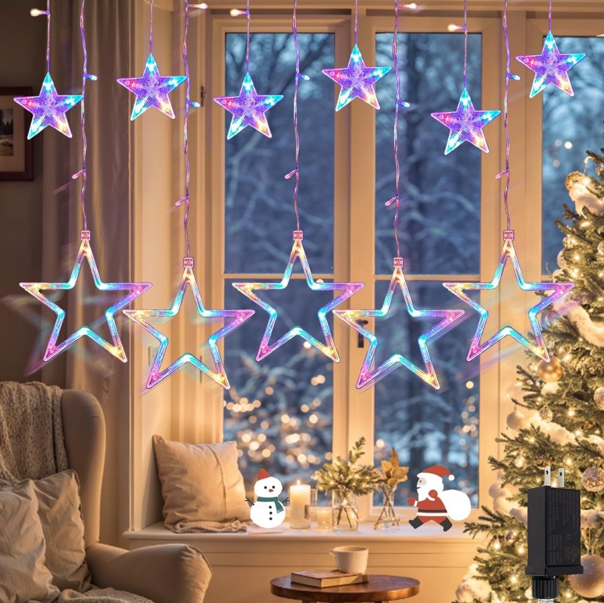 Star Curtain Hanging Lights, 12 Stars, 138 LED Multicolor Indoor/Outdoor, with 8 modes