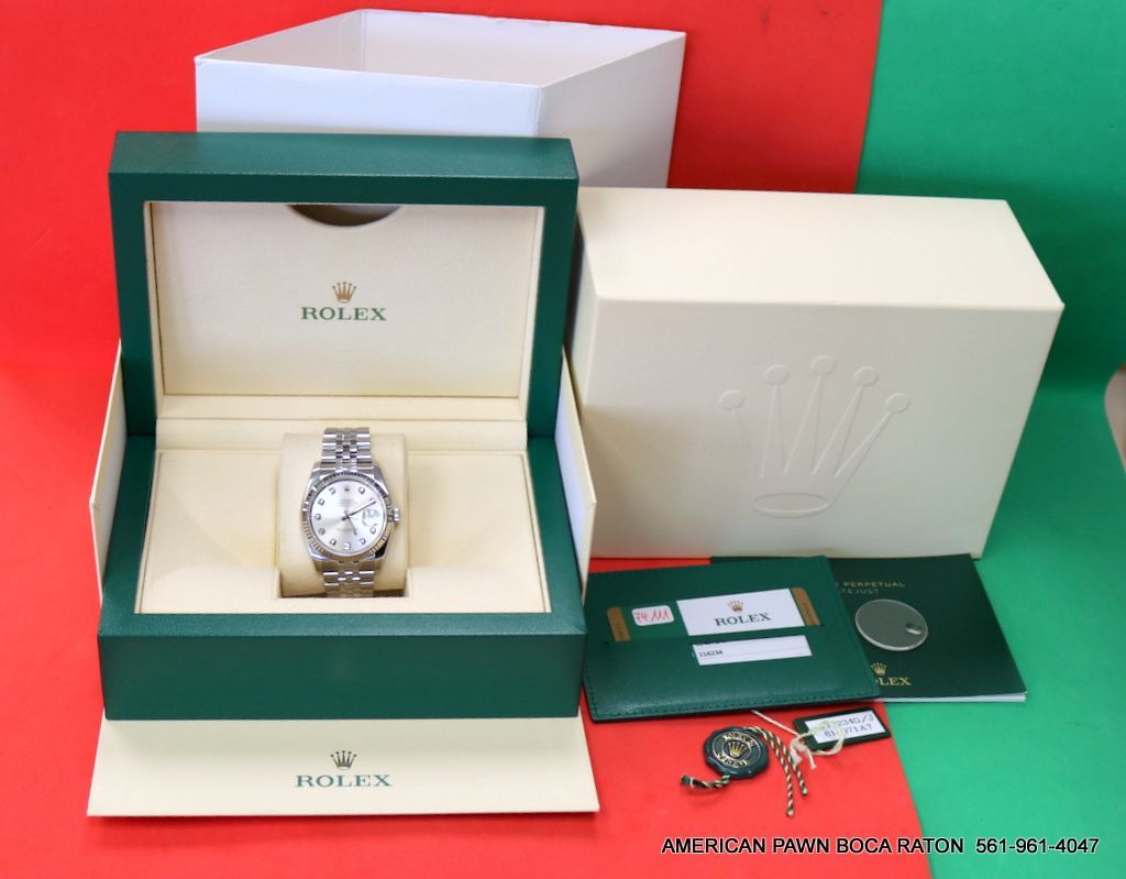 Rolex Datejust 36 Steel Factory Silver Diamond Dial Watch 116234 Fixed 18kt white gold bezel