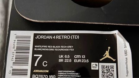 Jordan 4 Retro TD Toddler Size 7C