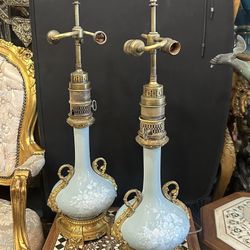 Pair of Antique French Pâte-Sur-Pâte Ormolu Mounted Celadon Vase as a Lamps