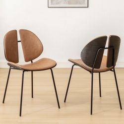 Dining Chairs Set of 2 Mid Century Modern Faux Leather Chair with Walnut Bentwood, with Metal Legs