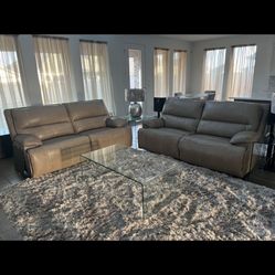  Leather 2 Seat Power Reclining Sofa Set w/ Glass Table Set & Shag Rug