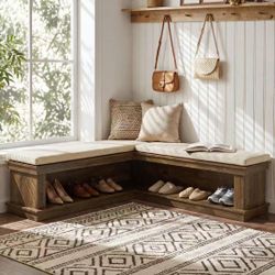 L-Shaped Storage Bench with Cushion, 63" Entryway Shoe Bench with Open Shelves