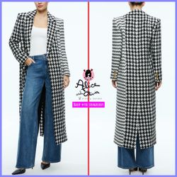 Alice + Olivia Colley Black White Houndstooth Long Tweed Coat