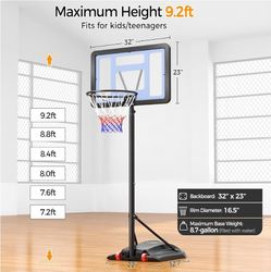 Kids Basketball Hoop Outdoor Portable Basketball Goal Court for Youth & Adults 7.2-9.2ft Height Adjustable, 32inch Backboard