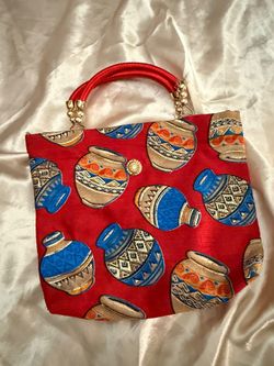 Red Pottery Print Small Handbag Gold Bead Handles