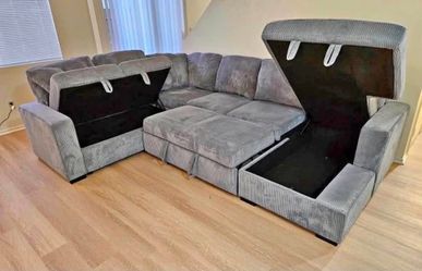 New Corduroy Sleeper Sectional With Storage.  Grey Or Black.  92x120x61.  Free Delivery!