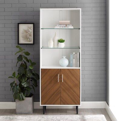 68" Mid-Century Modern Storage Cabinet Hutch with Glass Shelves & Soft-Close Doors - New