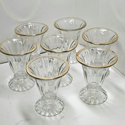 7 Vintage Libbey Ice Cream Sundae Glasses Footed,Scalloped,Clear,gold trim