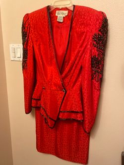 Liz Elana Red Silk Beaded Skirt Suit
