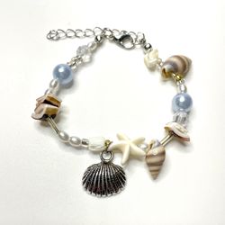 Shell Beach Bracelet silver scallop blue pearls starfish chain adjustable