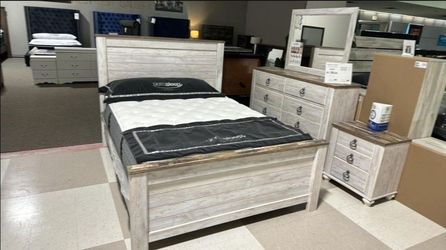 White Wooden Bedroom Furniture Set Twin Full Queen King Size Bed Dresser Mirror Nightstand Chest Mattress box spring Only $39 Down Payment 👉 PLEASE A