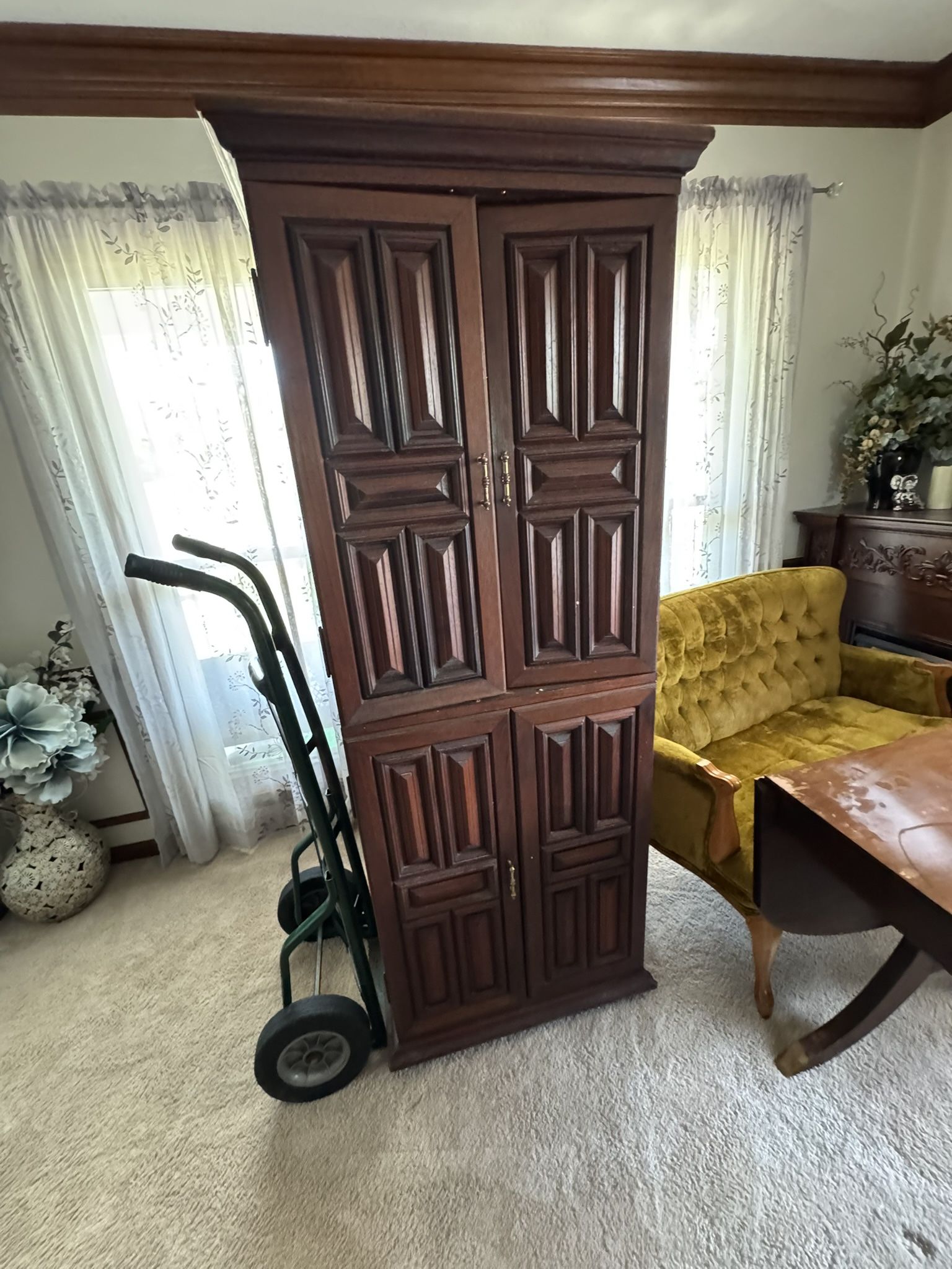 Vintage Armoire Dresser Wardrobe Wooden Brown Tall Solid Heavy Drawers And Doors
