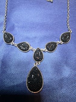 Silver-Tone Black Crystal Teardrop Statement Necklace
