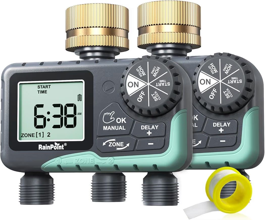 RAINPOINT 2 Zone Sprinkler Timer with Brass Swivel - 2pcs Water Timer for Garden Hose with Rain Delay/Manual Watering/Automatic Irrigation System - Pr