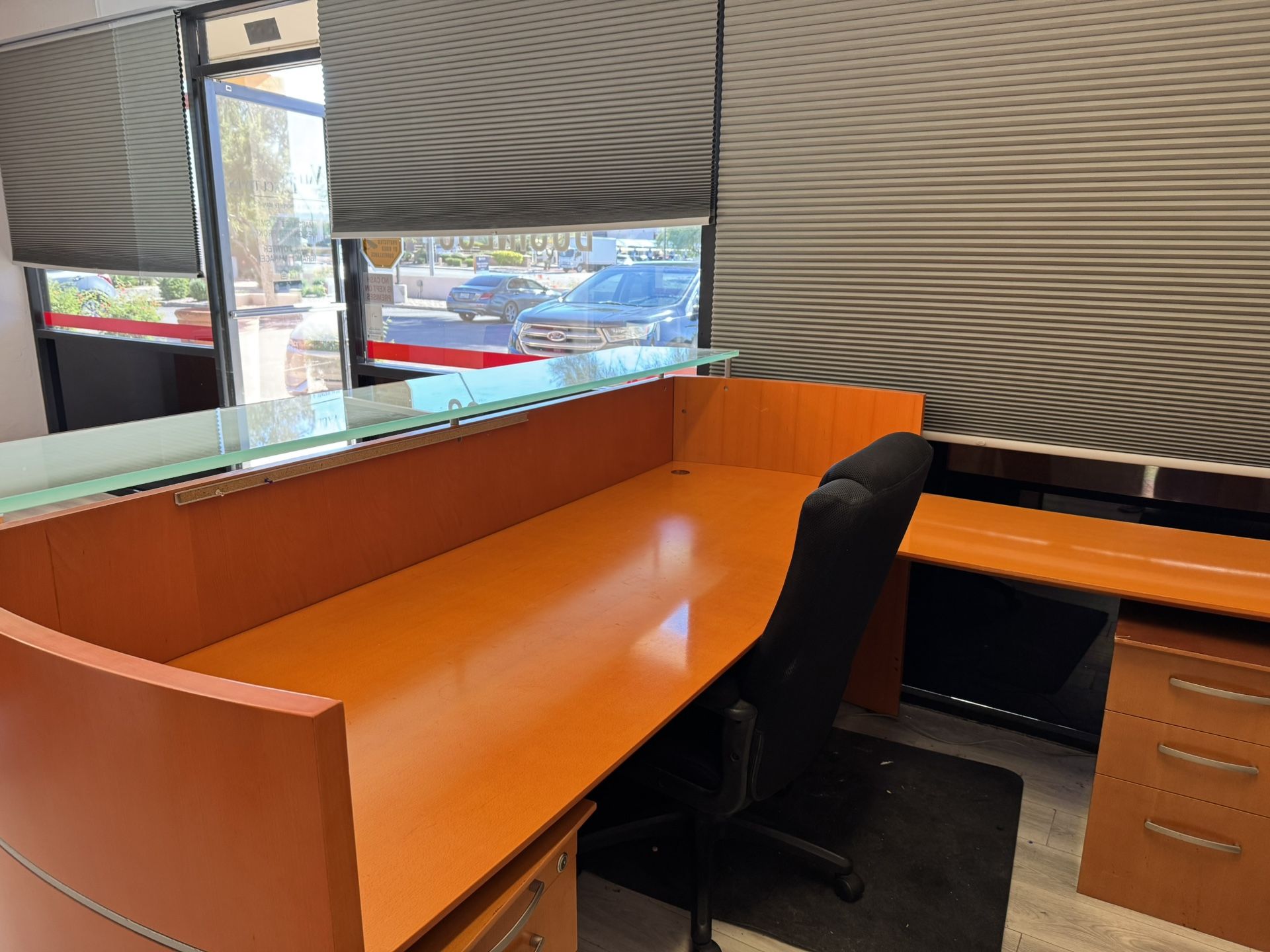 L-shaped Receptionist Desk Set W/ Credenza and file cabinet