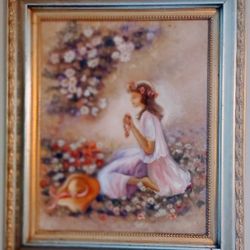 FLOWER GIRL OIL PAINTING IN WOOD GOLD FRAMING 