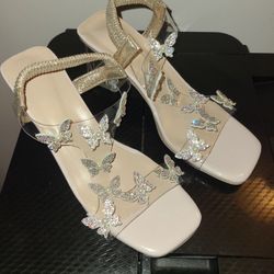 Women's Butterfly Clear Chunky Heels, Square Open Toe Elastic Strap Mid Heels