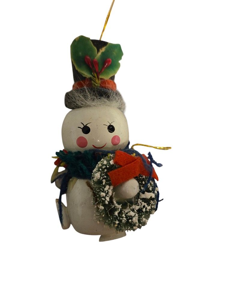 Kurt Adler wooden 1980 vintage snowman with top hat and wreath 4