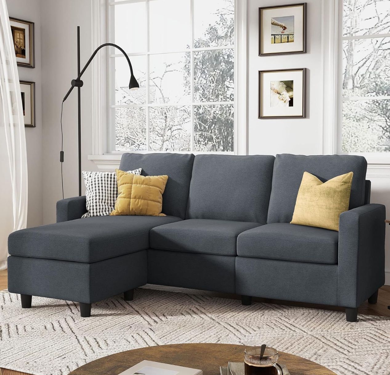 HONBAY Convertible Sectional Sofa, L Shaped Couch with Reversible Chaise for Small Space, Dark Grey