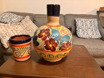 Hand-Painted Mexican Talavera Ceramic Pitcher and Cup Set