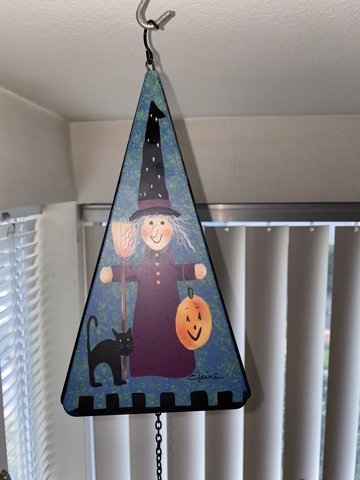Bookins by ELAINE THOMPSON Metal HALLOWEEN WITCH Triangle Wind Chime