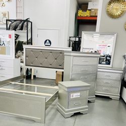 BEDROOM SET QUEEN SZ (BED-FRAME,DRESSER, MIRROR, NIGHTSTAND ,& CHEST) CLEARANCE PRICE!!!🤩✨💎