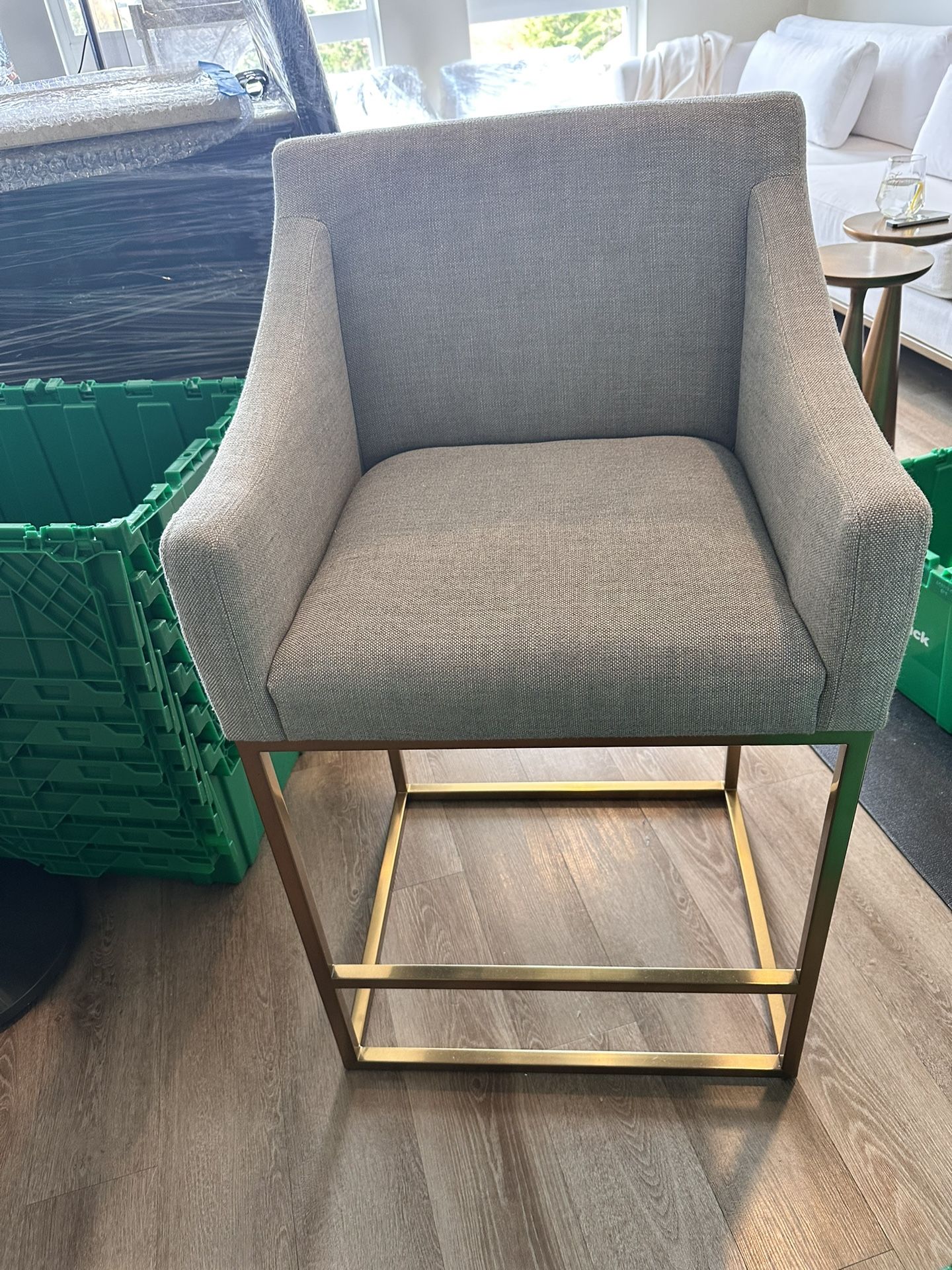 RH EMERY Slope Arm Fabric Counter Stool — Brushed Brass / Performance Two-Tone Linen (Dove)