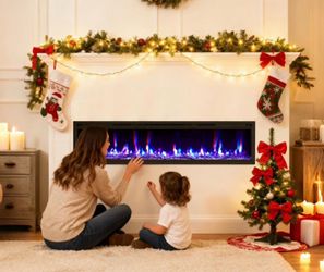 60 inch Electric Fireplace , 4.3" Ultra-Thin Electric Fireplace Inserts, Different Color Flame and Log Options -2 Heating stage