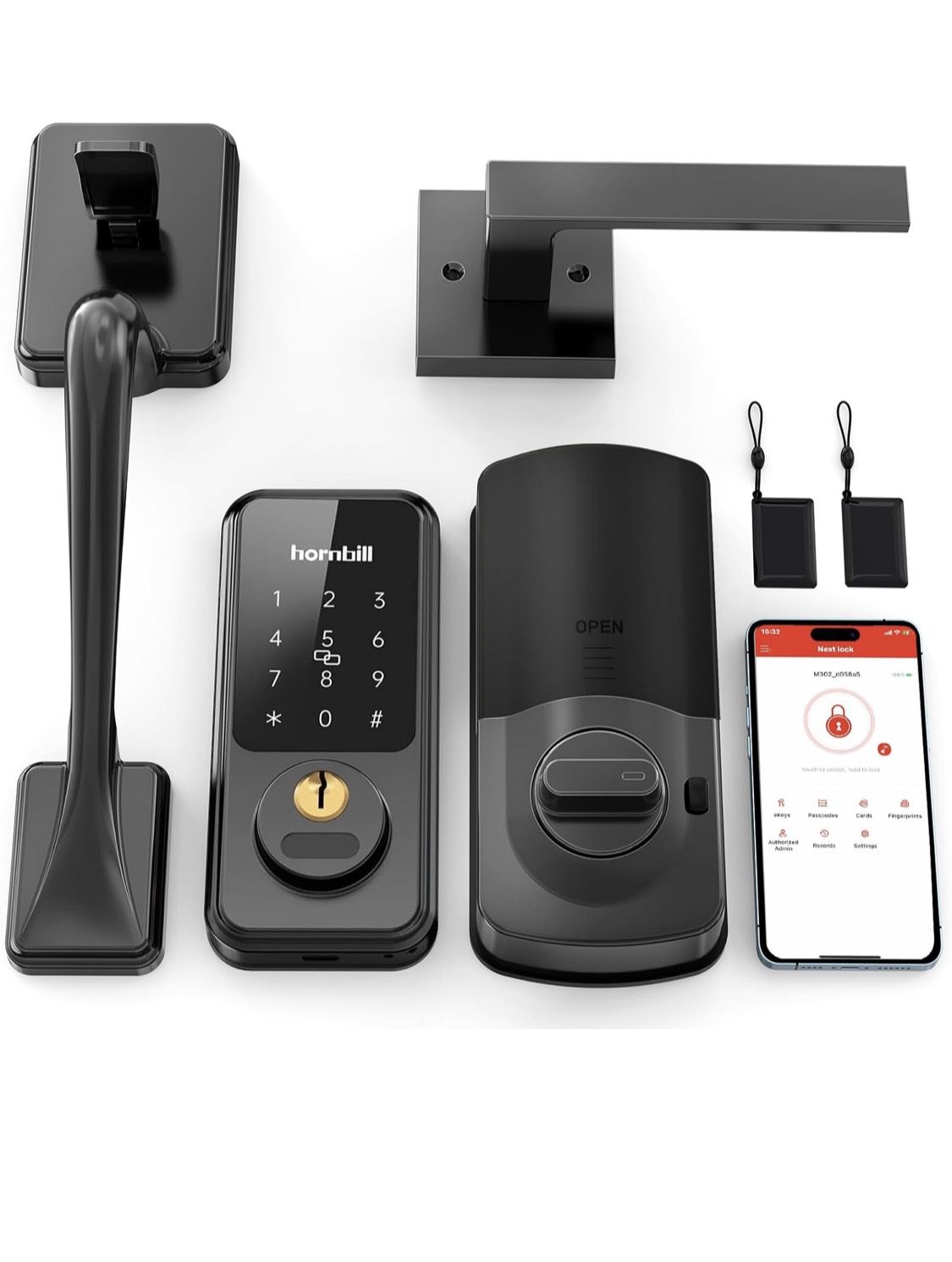 Keyless Entry Door Lock with Handles, Hornbill Smart Front Door Lock Set, Alexa Front Exterior Door Set, Digital Touchscreen via Bluetooth APP/Keyfob/