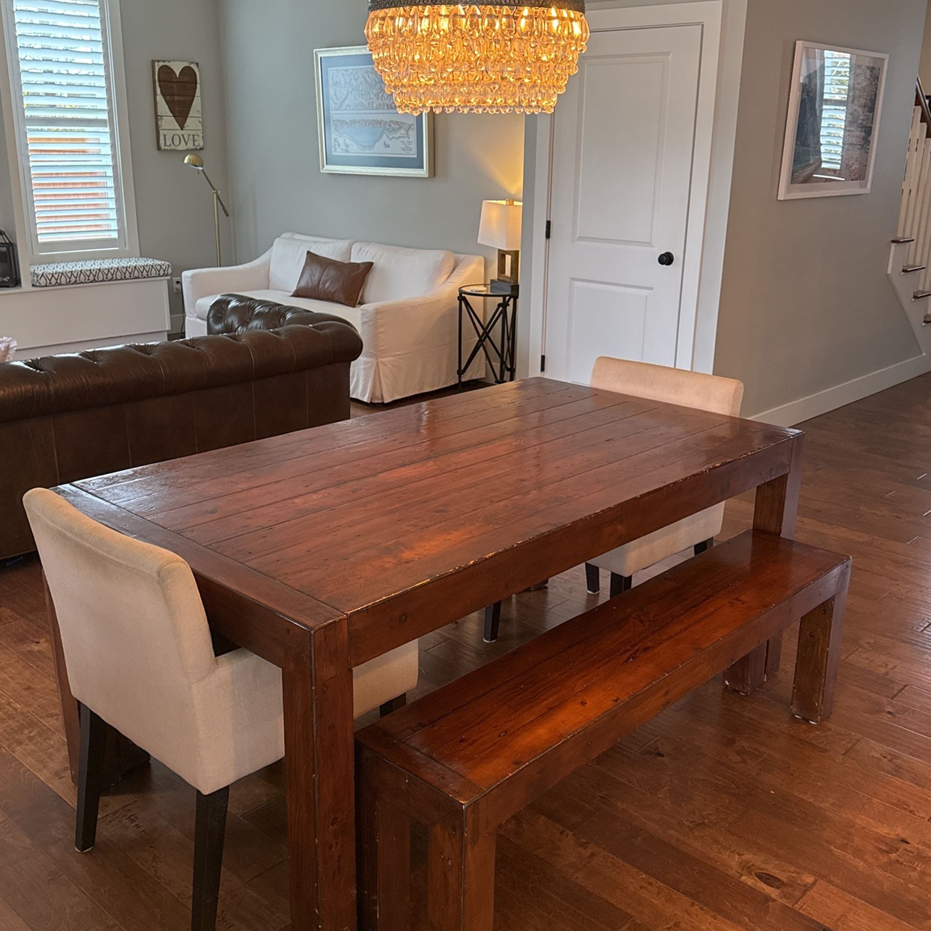 Wood Dining room Table Two Benches And Two End Chairs