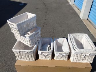 White Wicker Storage Baskets Set
