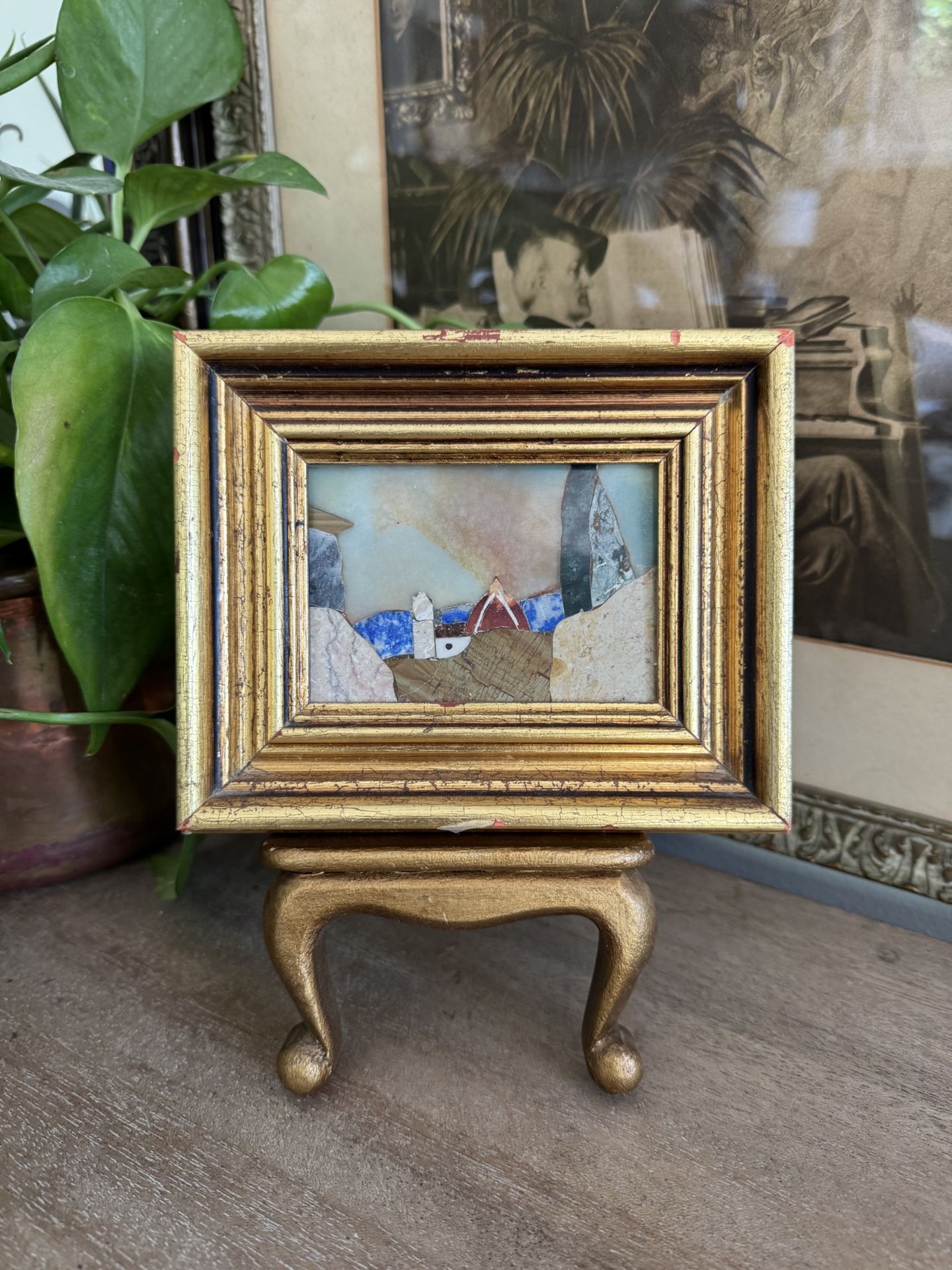 Vintage Pietra Dura Framed Pieced Stone Handmade Italian Landscape Scene Art Gold Artisanal Mosaic