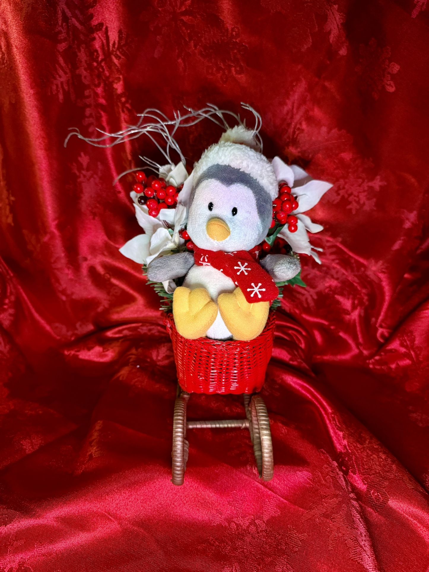 Handmade Vintage Penguin Sleigh Christmas Decor – Rustic Holiday Table Centerpiece – 10” Red Wicker Sled