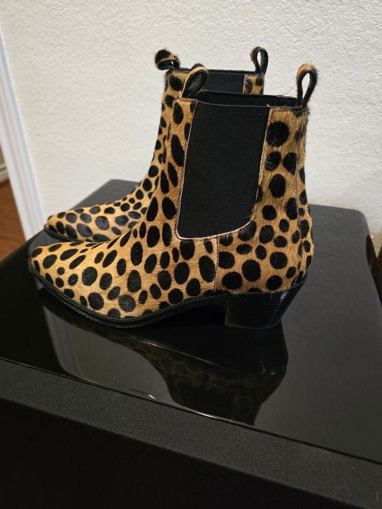Designer Women's 8.5 Shoes heels rock runway fashion western fit like size 9 STRUT IT GIRL! couture cheetah hide, genuine leather inside 