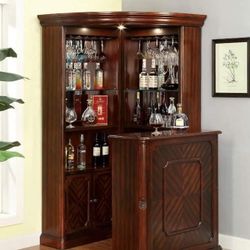 DARK CHERRY FINISH CORNER CURIO STANDING BAR CABINET TABLE WINE STORAGE