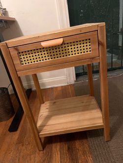 Rattan accent wooden side table: 29”h x 18”w