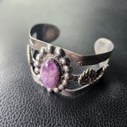 Real Silver And Amethyst Vintage Cuff Bracelet 