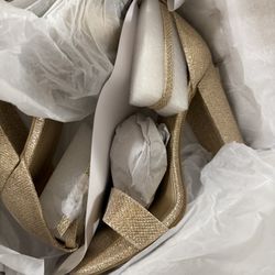 Womens Block Heel Sandals Gold Glitter Open Toe Pumps