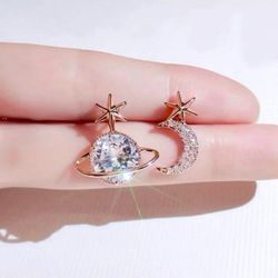 New Silver Gold Rhinestone Decor Moon Planet & Star Mismatch Stud Drop Earrings