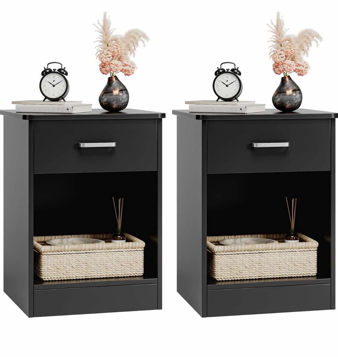 Set of 2 Black Nightstands , 2-Tier Side Table with Drawer and Storage Shelf