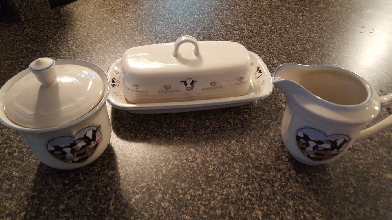 Cow butter, sugar dish and creamer